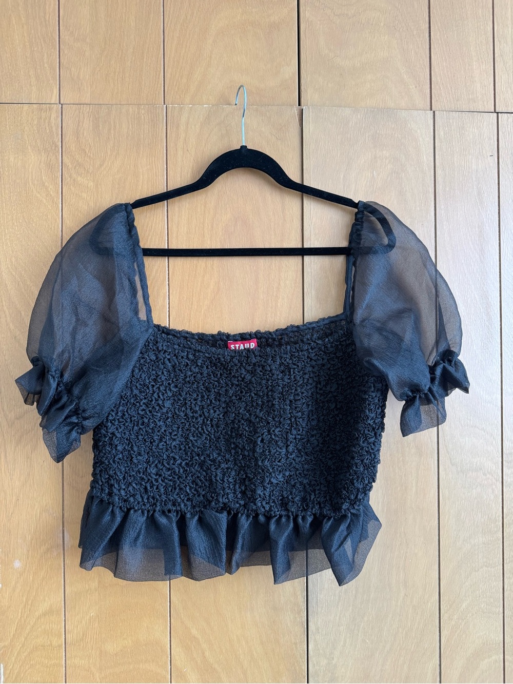 STAUD Black Smocked Crop Top with Sheer Puff Sleeves